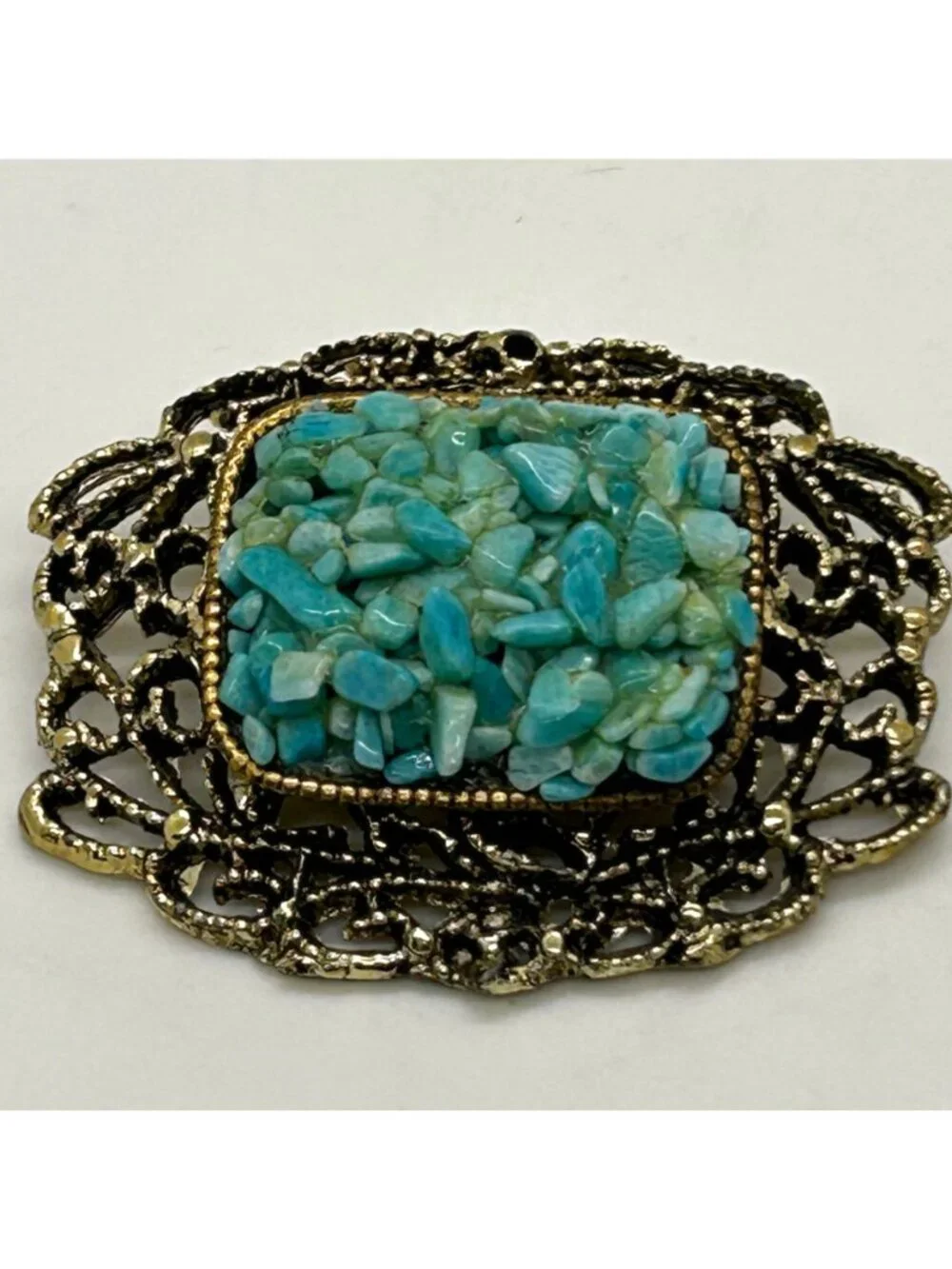 Vintage Filigree Brooch Turquoise Colored Nugget Chips Gold-Tone Textured Pin